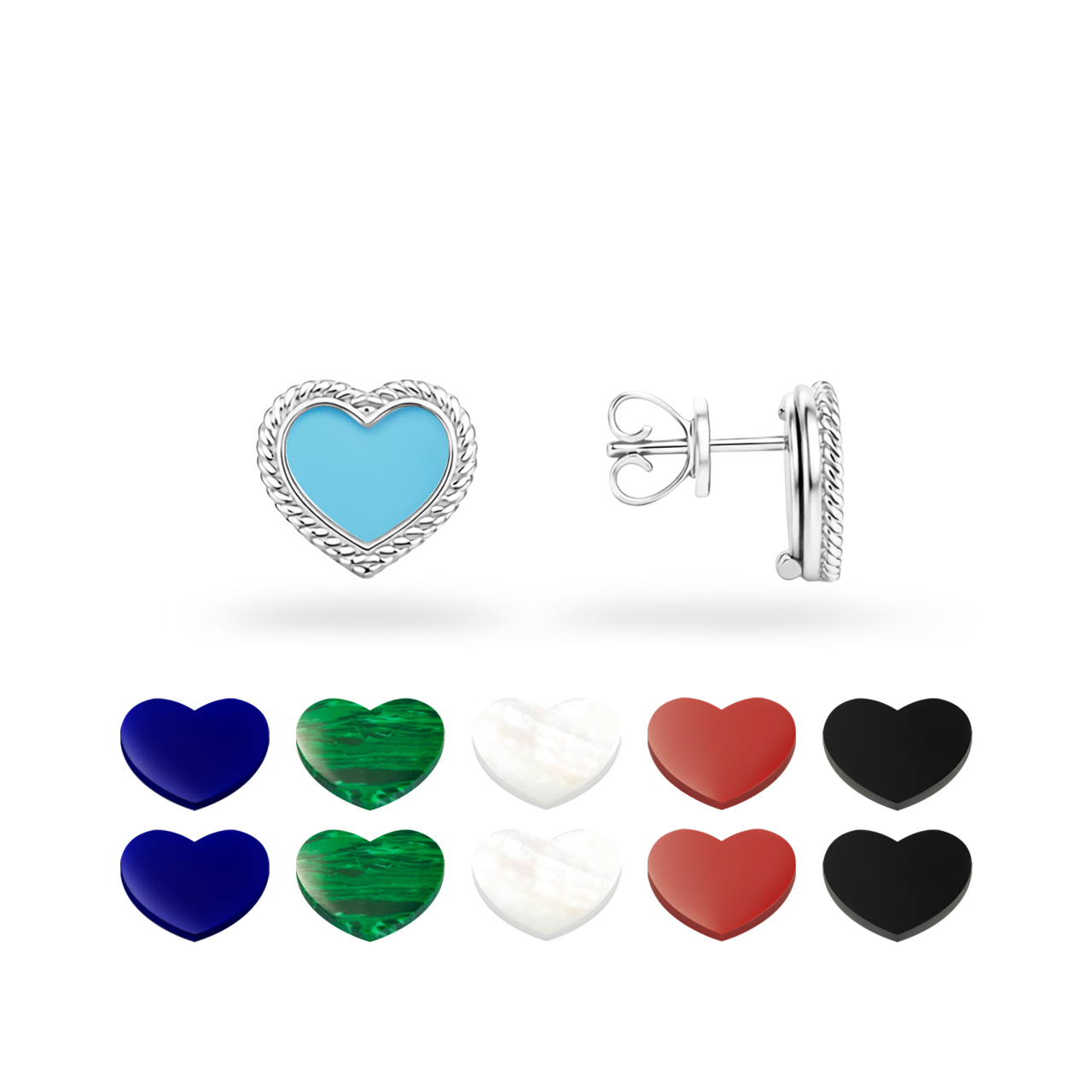 Золотые серьги "Hearts" с чейнджерами из перламутра, оникса, малахита, бирюзы, коралла и лазурита