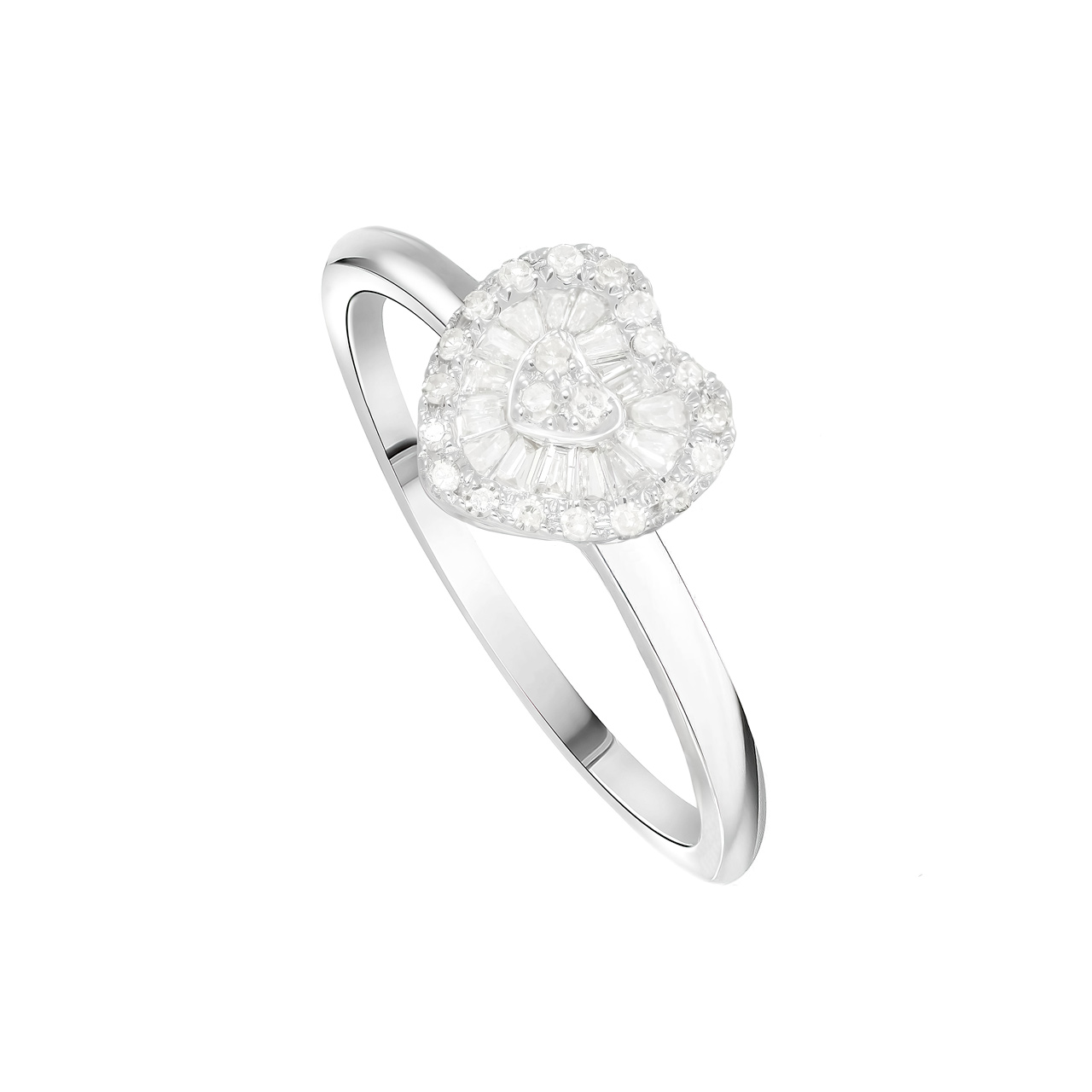 Золотое кольцо в форме сердца с багетными бриллиантами 0.22ct