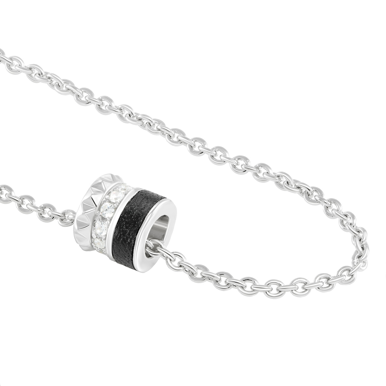 Серебряный браслет "Black&White" с фианитами и вставкой из кожи