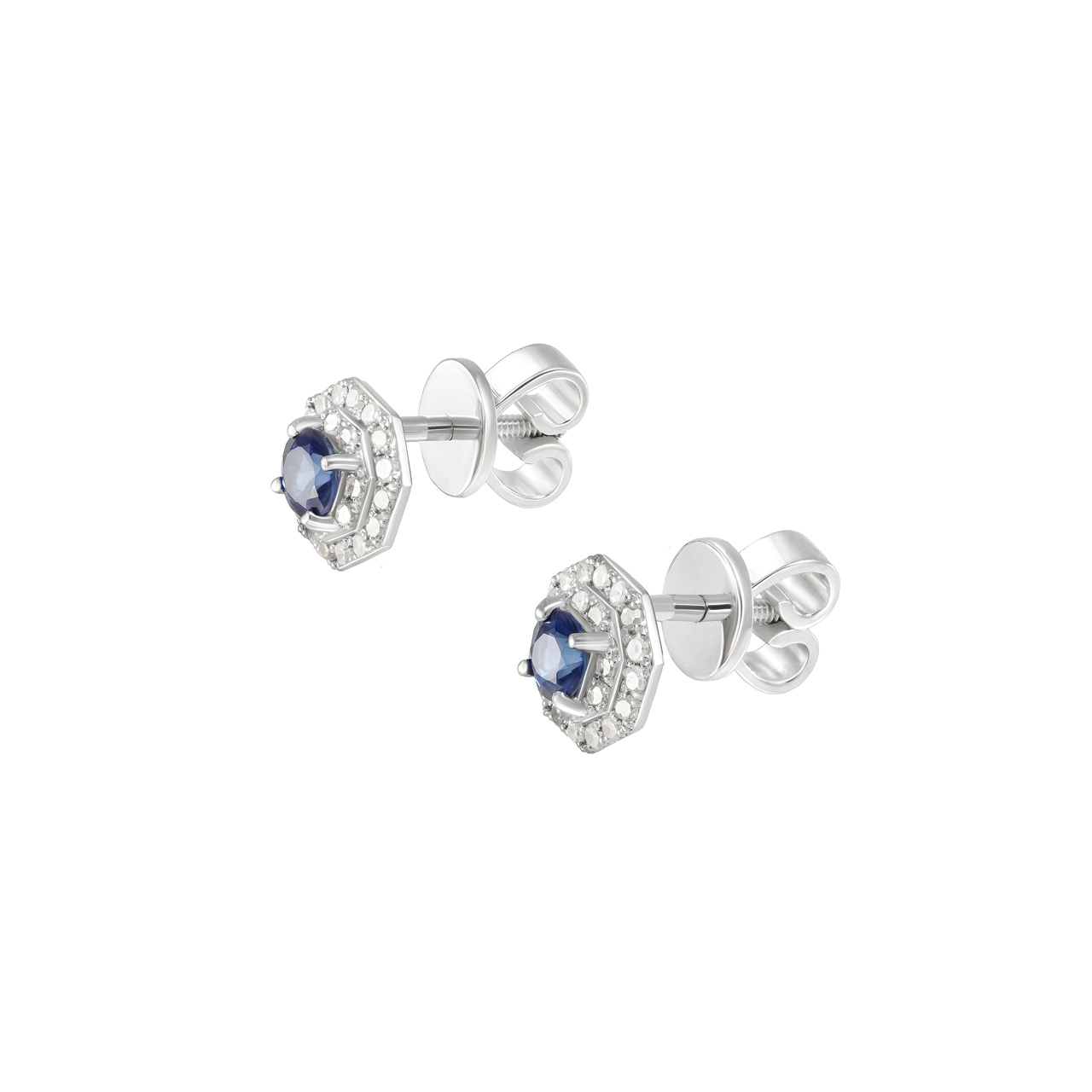 Золотые серьги-пусеты с сапфирами 0.39ct огранки "Круг" и бриллиантами