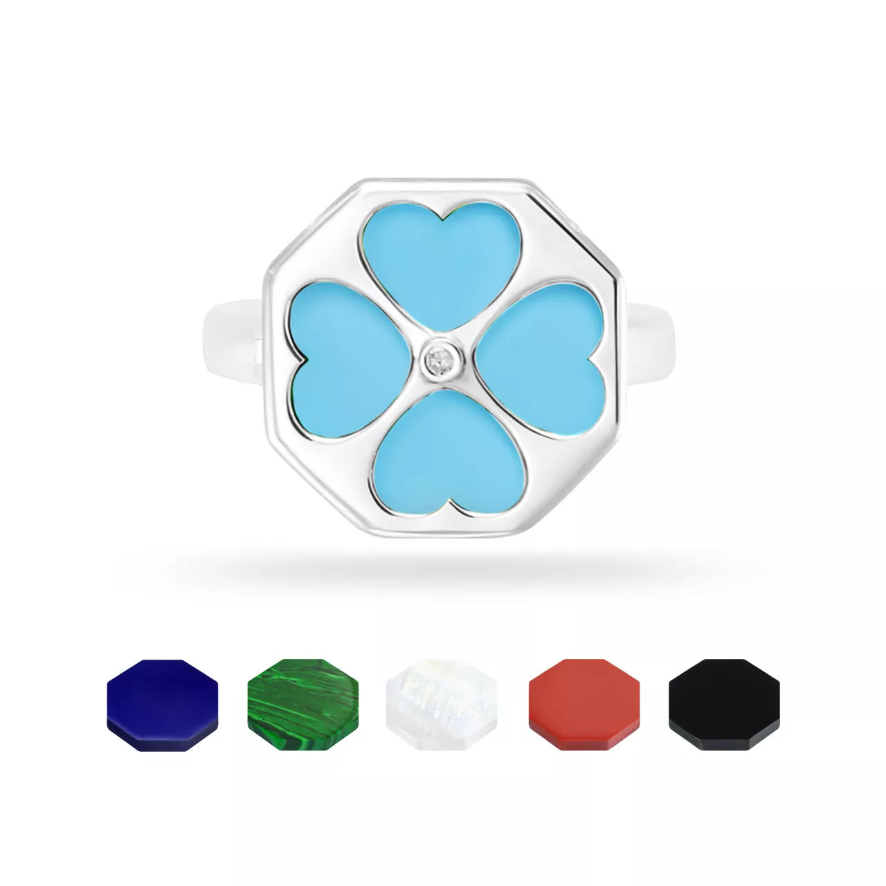 Золотое кольцо "Quatrefoil" с бриллиантами и чейнджерами из перламутра, оникса, малахита, бирюзы, коралла и лазурита
