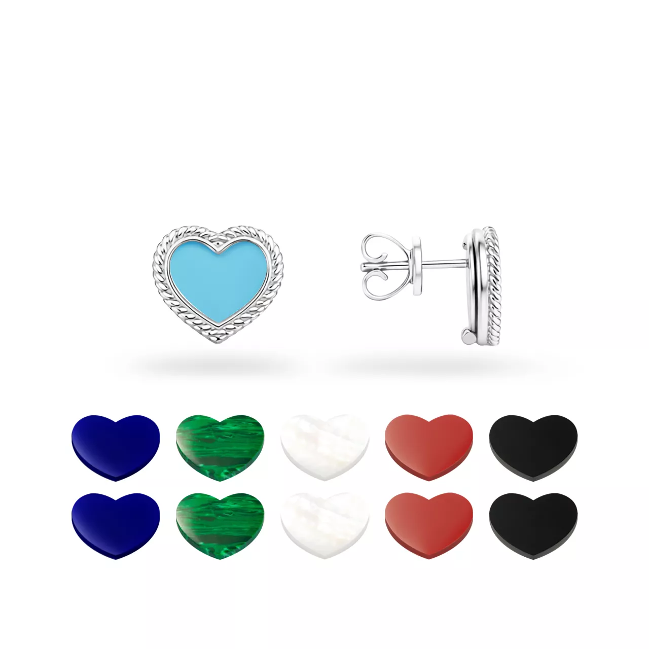 Золотые серьги "Hearts" с чейнджерами из перламутра, оникса, малахита, бирюзы, коралла и лазурита