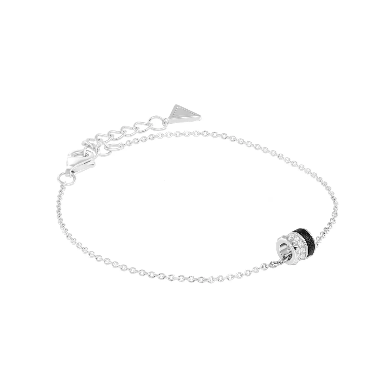 Серебряный браслет "Black&White" с фианитами и вставкой из кожи