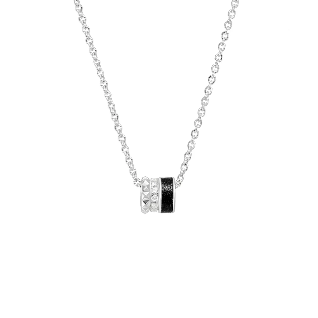 Серебряное колье "Black&White" с фианитами и вставкой из кожи