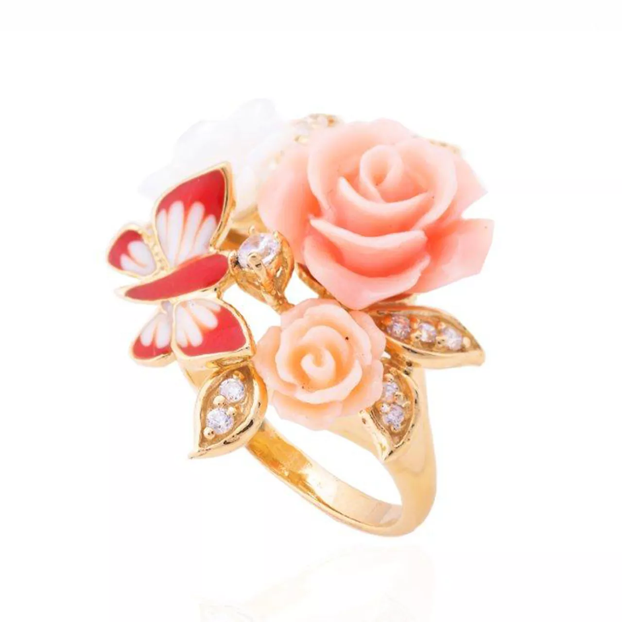 Серебряное кольцо с кораллом и., эмалью и фианитами