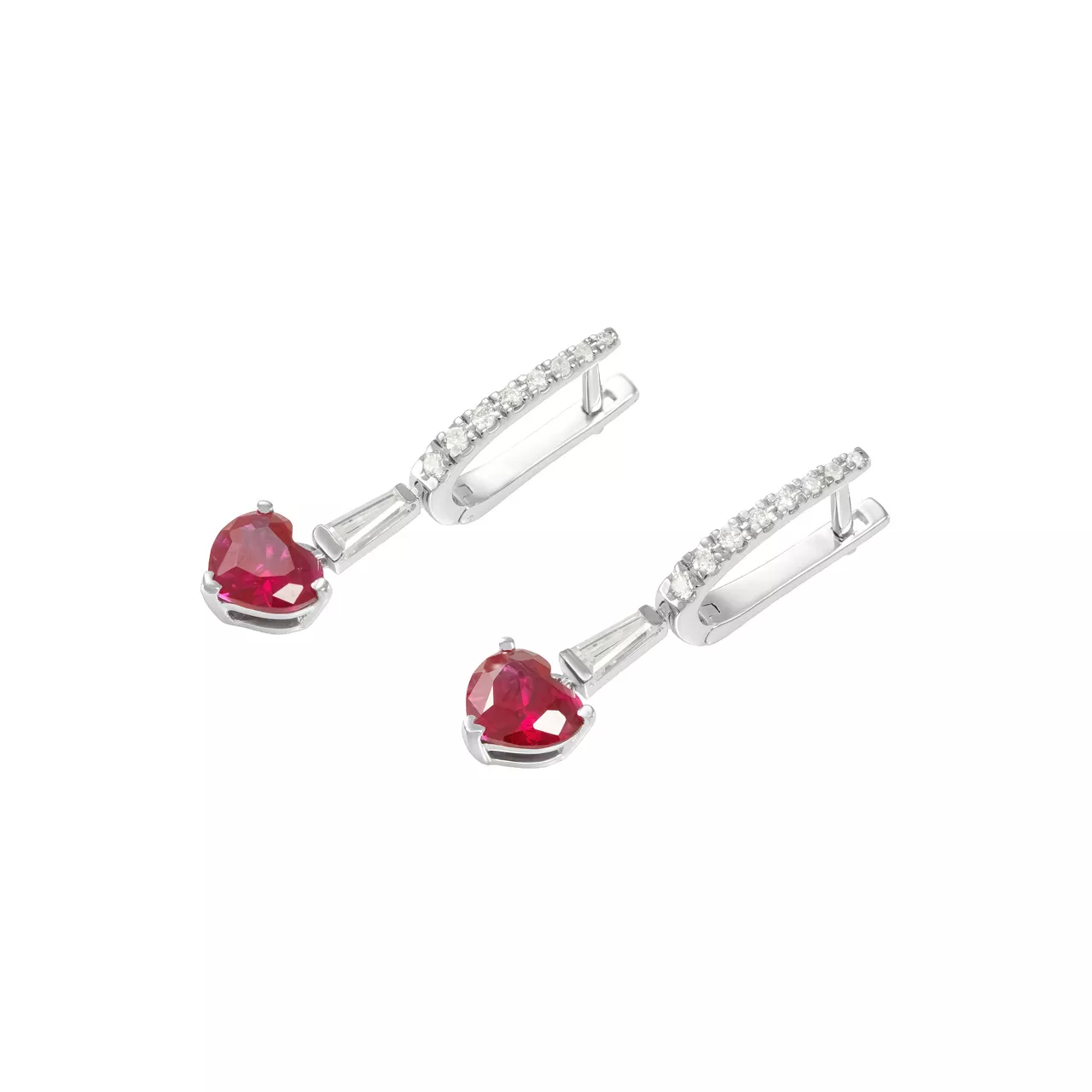 Золотые серьги с рубинами lab-grown 2.29ct огранки "Сердце", с диаллантами и бриллиантами