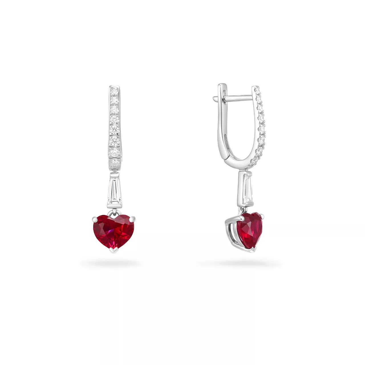 Золотые серьги с рубинами lab-grown 2.29ct огранки "Сердце", с диаллантами и бриллиантами