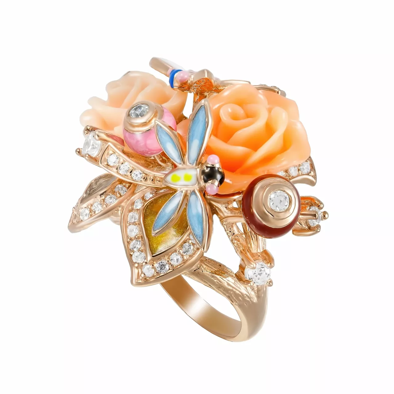 Серебряное кольцо с кораллом и., жемчугом, эмалью и фианитами