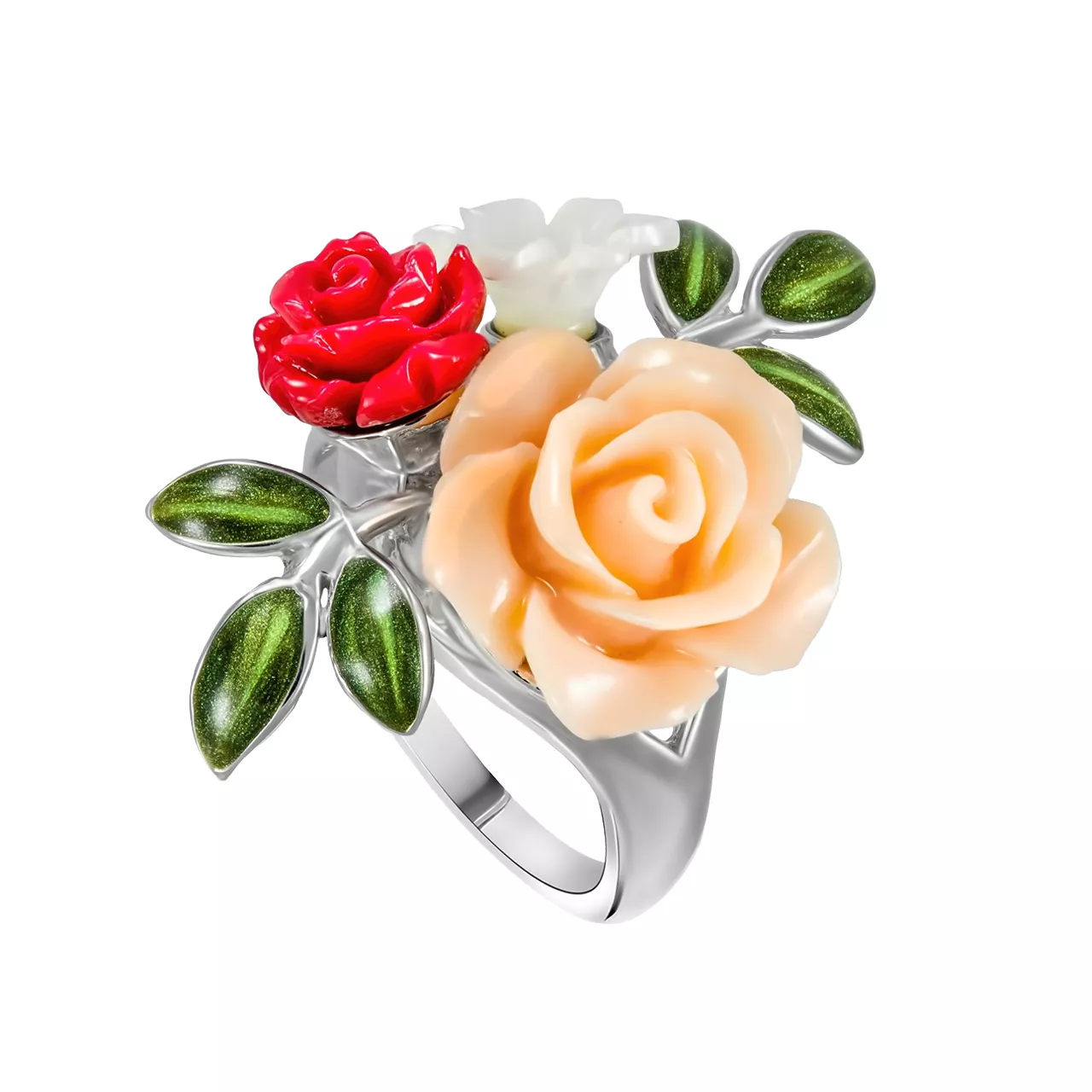 Серебряное кольцо с кораллом и., эмалью и фианитами